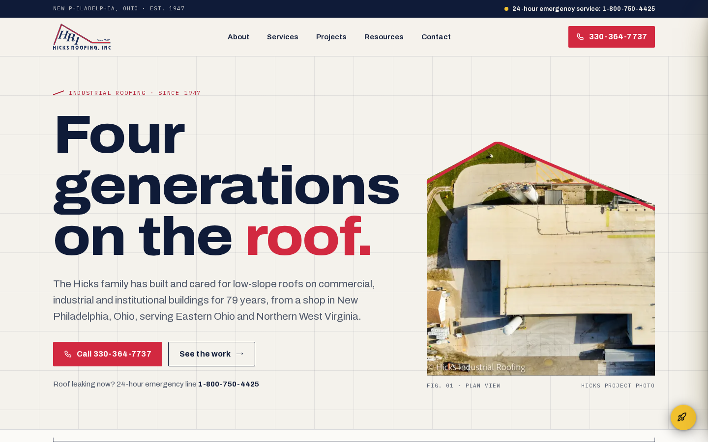Hicks Industrial Roofing website preview