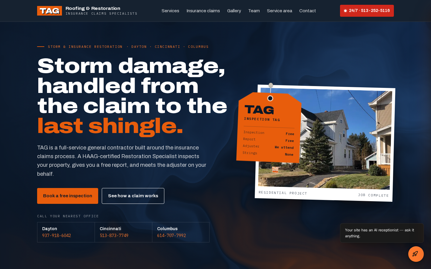 TAG Roofing & Restoration website designed and built by DeftPath