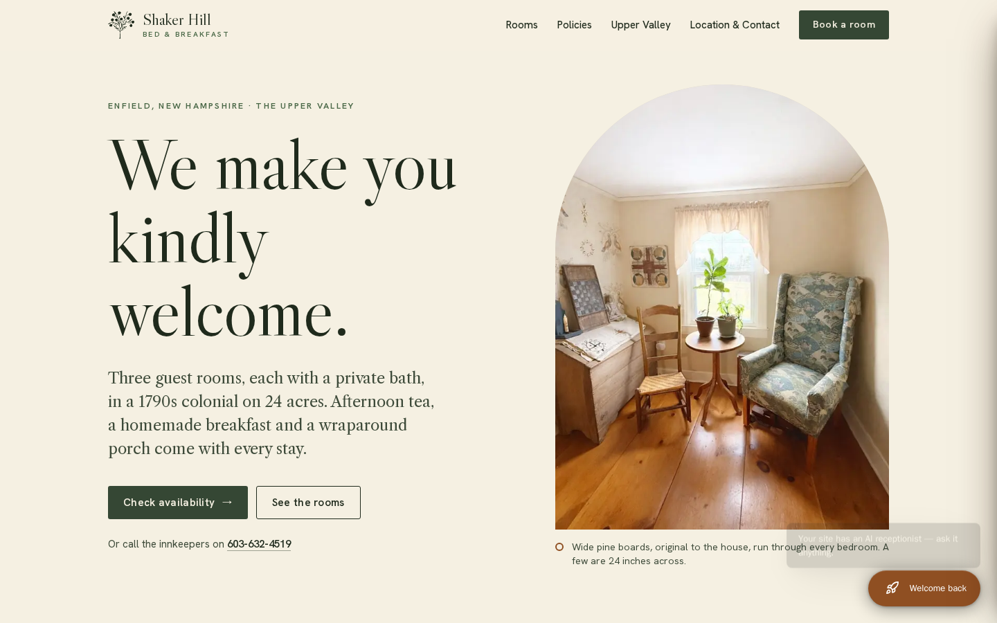 Shaker Hill Bed & Breakfast website preview